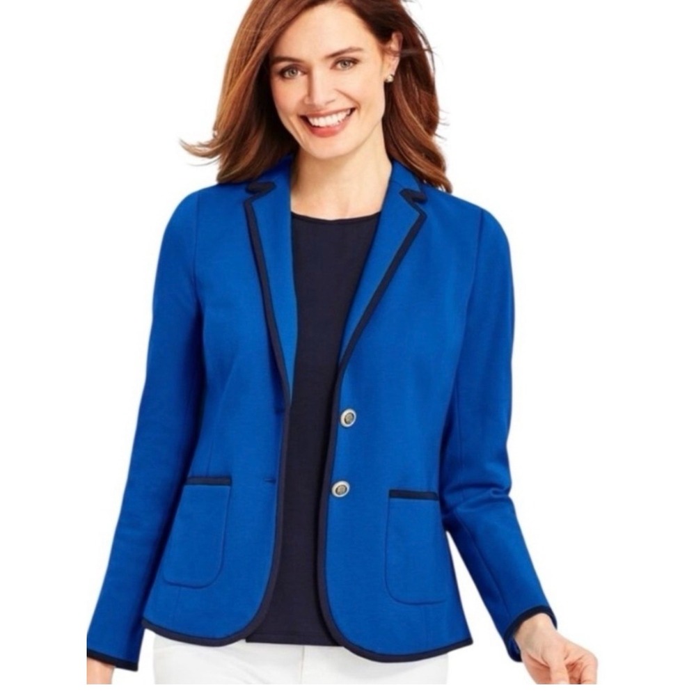 Talbots Aberdeen knit 12P Women's Royal Tailored Blazer with Navy trim gold bttn